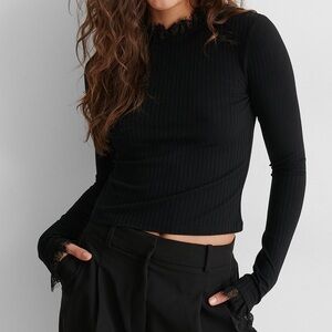 NA-KD Ribbed High Neck Lace Top Black Size Small NWOT